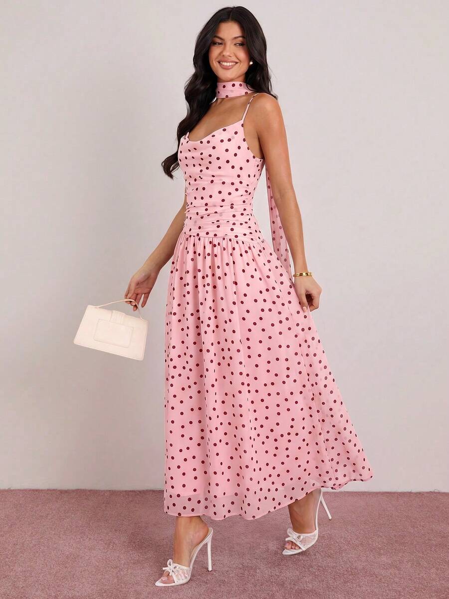 Enchnt Đầm không tay họa tiết chấm bi thanh lịch, thích hợp cho mùa hè. - Hồng - Xem 1