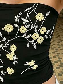INAWLY Patrón de bordado floral, estilo Y2K, top tubo de moda, adecuado para uso diario en verano - Negro - Ver 3