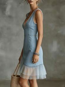 Selamara Vestido de verano de mujer con efecto de mezclilla, diseño de patchwork de malla sin mangas, para vacaciones y uso casual - Azul - Ver 3