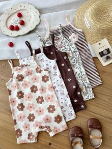 SHEIN LMoss Kids 5件套女婴休闲针织条纹碎花连体衣 - 彩色 - 查看 2