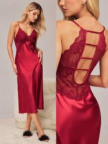 HautHeat Women's Backless Lace Trim Faux Silk Nightgown - Burgundy - View 1