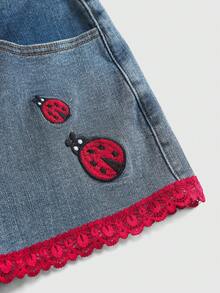 ROMWE Avant Y2K Lace Patchwork Seven-Star Ladybug Embroidered Polka Dot Low-Waist Vintage Denim Mini Skirt For Women - Blue - View 4