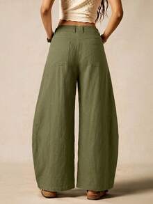 Easelle Olive Green Woven Wide Leg Cargo Pants For Women - Army Green - View 2