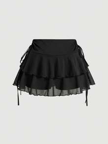 SHEIN PETITE CURVE Váy xòe màu trơn với chi tiết dây rút và xếp ly. - màu đen - Xem 2