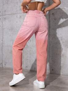 SHEIN ICON 纯色做旧斜插口袋休闲直筒牛仔裤 - 珊瑚粉 - 查看 3