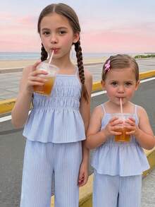 Emery Rose Kids Emery Rose Kids 女童条纹荷叶边吊带背心和阔腿裤休闲套装 - 彩色 - 查看 6