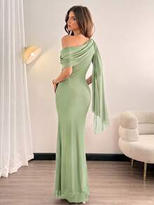 SHEIN Tall Đầm nữ thanh lịch màu trơn, thiết kế bất đối xứng vai, đầm sang trọng cho nữ, đầm dạ hội, đầm dự tiệc cưới mùa thu, đầm dự tiệc cưới cho nữ. - Màu xanh Bạc hà - Xem 2