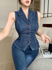 DAZY Áo khoác cardigan kiểu vest nữ mùa xuân/hè, áo sơ mi không tay có cổ, thích hợp cho lễ hội âm nhạc, ngày Valentine, đám cưới, kỳ nghỉ biển thường ngày, áo denim ngắn. - Rửa tối - Xem 10