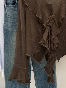 Muvela Women's Casual Sheer Ruffle Trim Front Tie Bell Sleeve Blouse, Spring/Summer,Summer Top Elegant - Brown - View 5