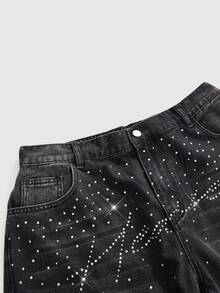 ROMWE Grunge Punk Shorts vaqueros con botones de strass para mujer de talla grande - Negro - Ver 3