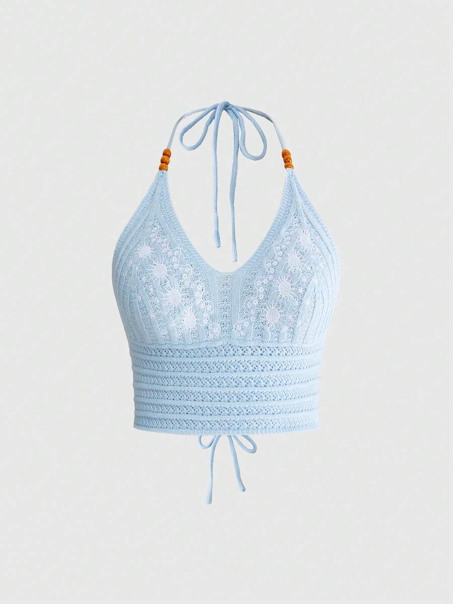 ROMWE Hippie Blusa de punto con bordados y escote halter para tallas grandes - Blanco - Ver 1