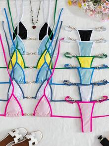 Swim Vcay Swimsuits For Woman Summer Beach Rib Binding Trim Halter Micro Triangle Bikini - White - View 4