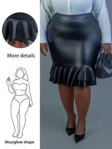 CurvyTilda Plus Size Elegant Black Bodycon Mermaid Skirt, Leather Skirt, Skirt Without Belt, For Hourglass Body Shape - Black - View 1