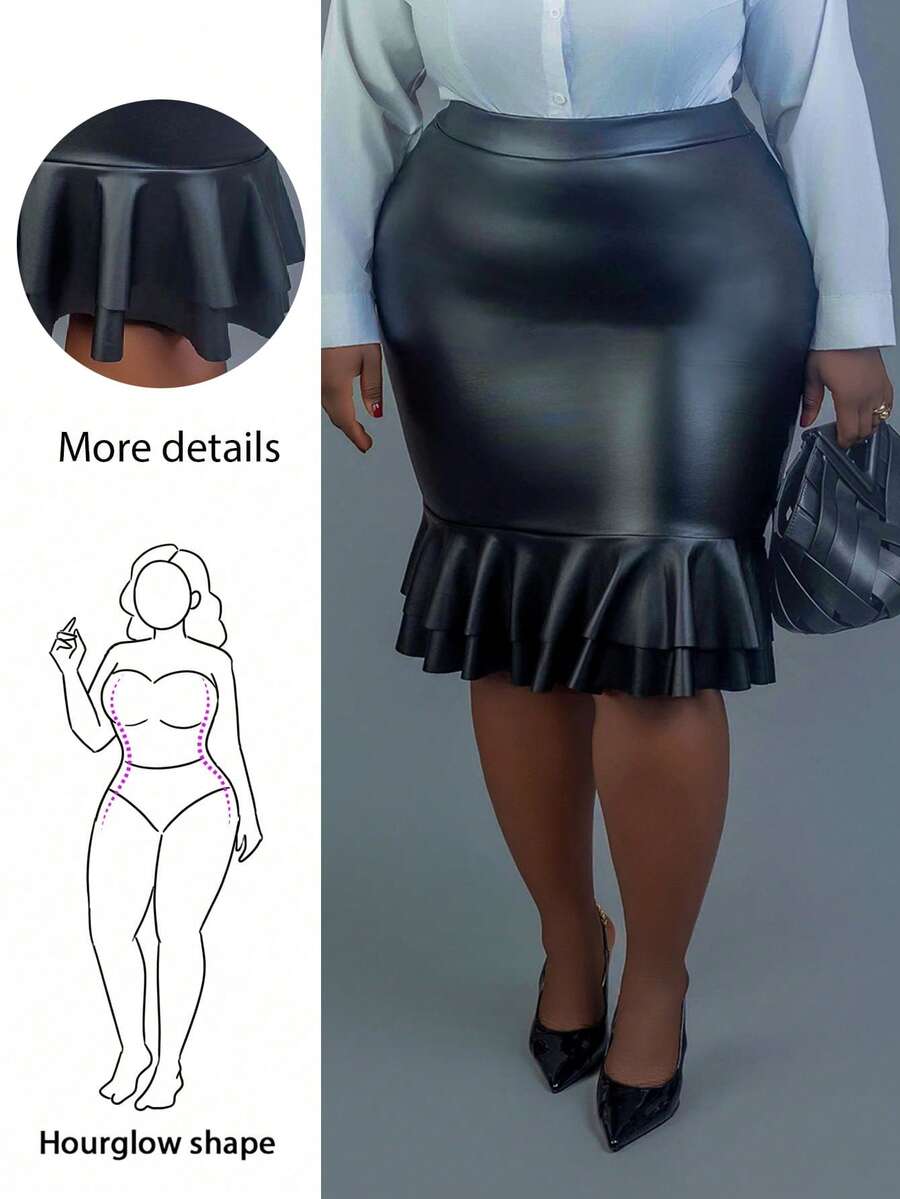 CurvyTilda Plus Size Elegant Black Bodycon Mermaid Skirt, Leather Skirt, Skirt Without Belt, For Hourglass Body Shape - Black - View 1