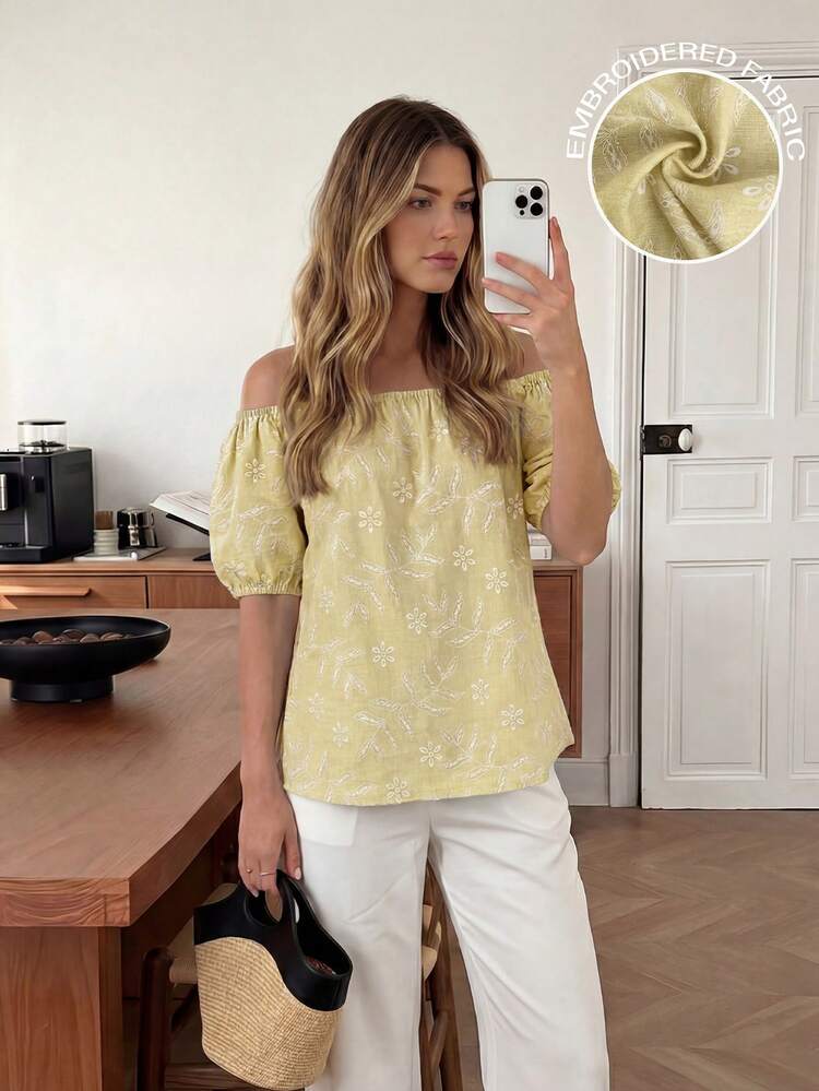 Easowa Áo sơ mi tay phồng trễ vai, chất liệu vải dệt jacquard thêu hoa, kiểu dáng thoải mái, thanh lịch, phù hợp cho công sở, đi nghỉ dưỡng, phong cách vintage, mùa xuân/hè. - Vàng nhạt - Xem 2