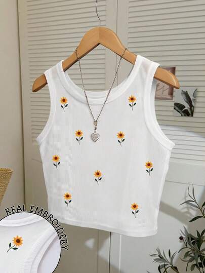 Resyla Camiseta de mujer de cuello redondo con bordado floral de margaritas