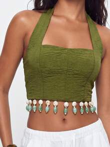 Avantive Women's Sexy Vacation Halter Neck Backless Top With Tassel Hem - Green - View 3