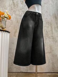 K-Vae Women's Casual Loose Fit 3/4 Wide Leg Jeans, Blue - Black - View 5