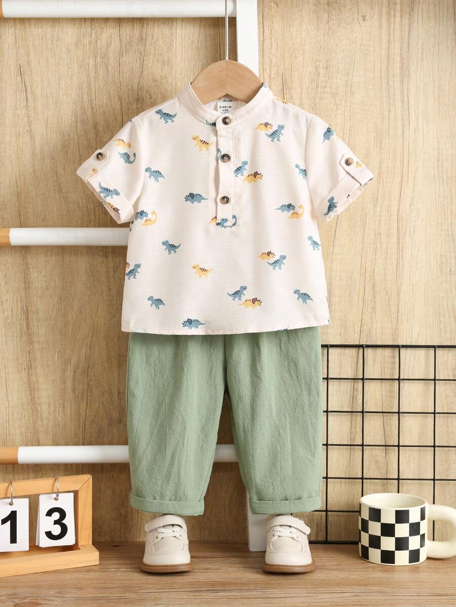 SHEIN Bộ 2 món áo sơ mi cổ đứng và quần dài màu xanh lá cây cho bé trai, thích hợp mặc đi nghỉ mát mùa hè. - Nhiều màu - Xem 1
