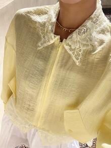 Livesso Spring Summer Yellow Lace Patchwork Loose Solid Color Women's Regular Jacket - Yellow - View 1