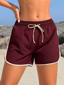 Swim SPRTY Celana Pendek Pantai Kasual Wanita dengan Tali Serut di Pinggang - Burgundy - View 1