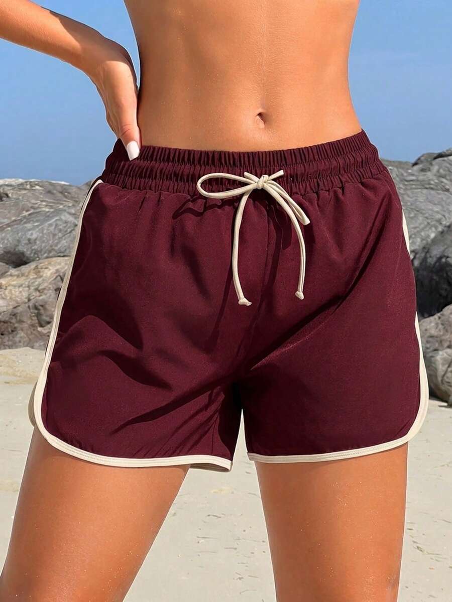 Swim SPRTY Celana Pendek Pantai Kasual Wanita dengan Tali Serut di Pinggang - Burgundy - View 1