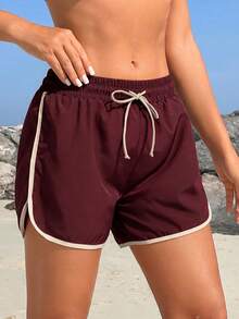 Swim SPRTY Celana Pendek Pantai Kasual Wanita dengan Tali Serut di Pinggang - Burgundy - View 4