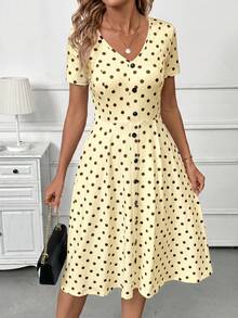 SHEIN Clasi Đầm ngắn tay cổ chữ V in họa tiết chấm bi dành cho nữ - Màu vàng - Xem 4