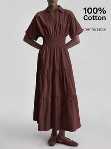 Ontre Women's Solid Color Ruffle Hem Casual Dress - Brown - View 5