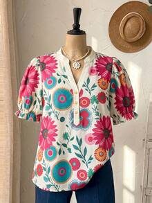 Rusticease Women's Casual Floral Print Shirt,Summer Top - Apricot - View 8