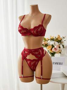 Esselle Bộ đồ lót lưới thêu gợi cảm 5 món cho nữ khi đi chơi - Màu Đỏ Sâu - Xem 5