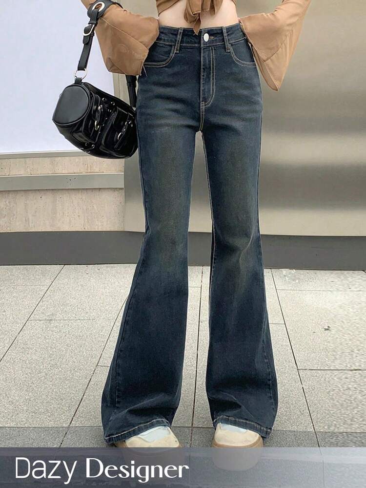 Women's Casual Everyday Washed Flared Jeans With Slant Pockets