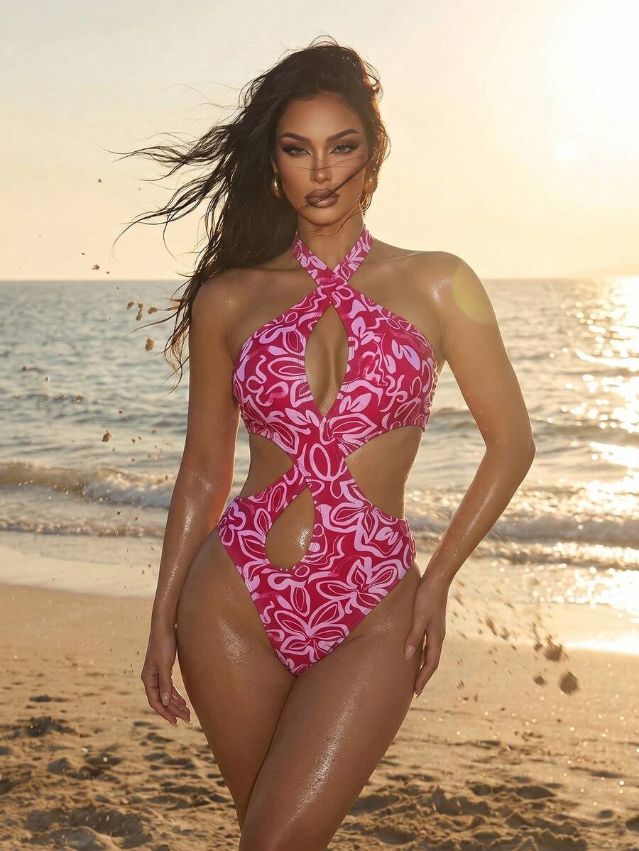 Swim SXY Traje de baño de una pieza para mujer, con estampado floral aleatorio, espalda cruzada y recortes, sexy y veraniego - Multicolor - Ver 1