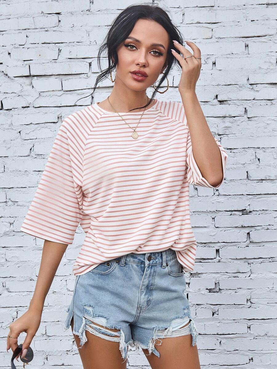 EMERY ROSE Raglan Sleeve Striped Print Tee Graphic Tees Women Tops - Pink - View 1