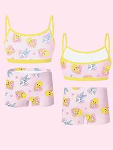 LOONEY TUNES X SHEIN GraphicGems 8pcs/Set Girls Cute Animal Print Camisole And Briefs Underwear Set, Comfortable Outfit Autumn Fall - Multicolor - View 5