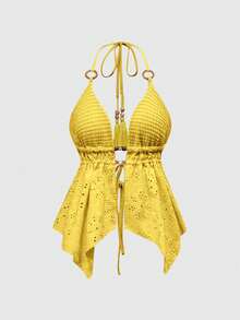 ROMWE Avant Conjunto de 2 piezas de top con tirantes finos y espalda descubierta, y shorts de burbuja de cintura baja, con decoración de cuentas de madera estilo Y2K para mujeres - Amarillo - Ver 4