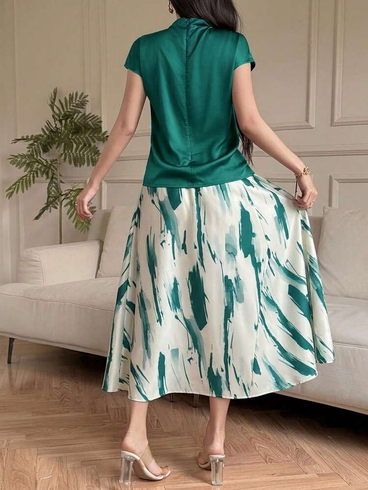 Women's Elegant Solid Color Draped Neck Top And Contrast Floral A-Line Skirt 2-Piece Set, Summer