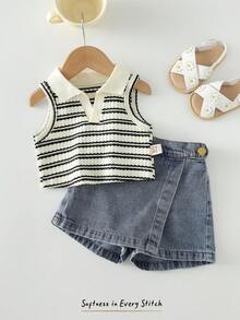 Cozy Pixies 女婴/幼儿女童彩色卡其条纹无袖polo衫和不对称下摆短裙短裤套装，2件套 - 杏色 - 查看 1