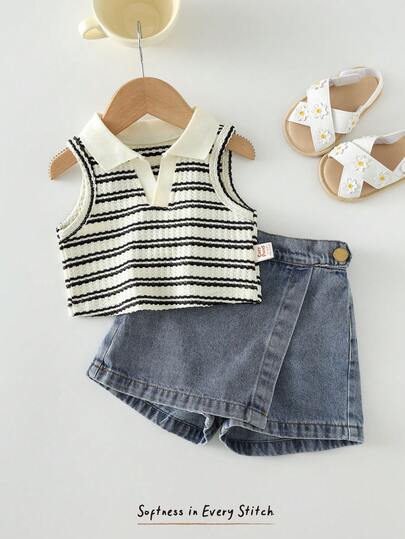 Cozy Pixies Baby Girl/Toddler Girl Colorful Khaki Striped Sleeveless Polo Shirt And Asymmetric Hem Skirt Shorts Set, 2pcs Outfit