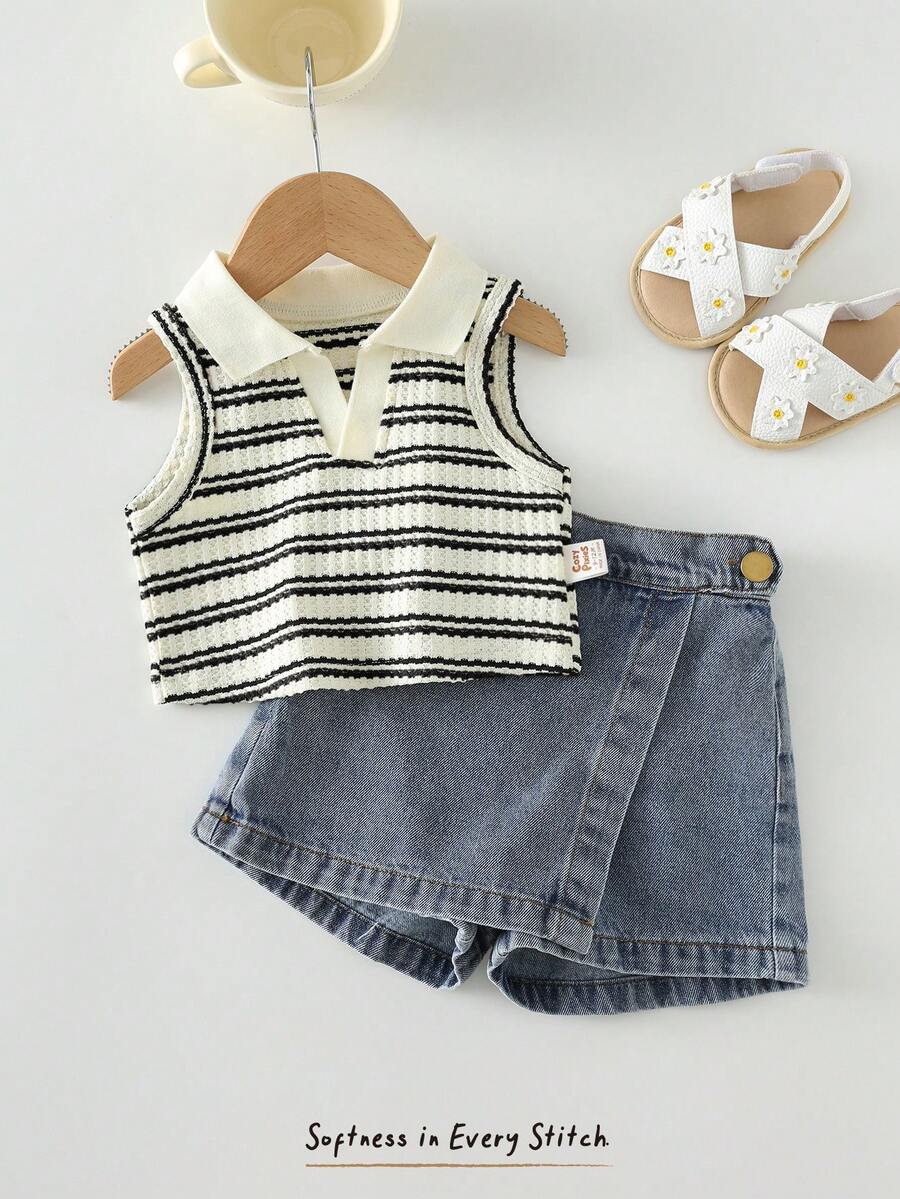 Cozy Pixies 女婴/幼儿女童彩色卡其条纹无袖polo衫和不对称下摆短裙短裤套装,2件套 - 杏色 - 查看 1