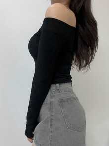 DAZY Solid Asymmetrical Neck Tee Long Sleeve Women Tops - Black - View 9