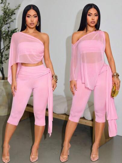 SOLERSUN Women's Convertible 3 Piece Set,Sheer Mesh Overlay, Tube Top & Tie Waist Capri Pants Matching Outfit,Women Balletcore Aesthetic 3 Piece Convertible Set,Y2K Convertible 3 Piece Outfit, One Shoulder Sheer Mesh Overlay Tube Top & Tie Waist Capri Pants Matching Set For Party Night Out Vacation