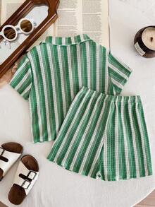 LMoss Kids 2 piezas Conjunto de camisa casual de rayas de punto y pantalones cortos para niño bebé - Verde - Ver 2