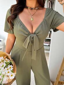 Vionelle Bộ áo liền quần cỡ lớn, kiểu dáng thường ngày, cổ tim, tay ngắn, buộc dây phía trước. - xanh quân đội - Xem 5