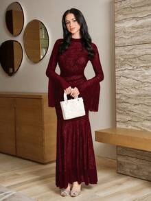 Modelyn Women's Elegant Sheer Mesh Ruffle Sleeve Fitted Fishtail Hem Dress, Suitable For Spring & Autumn - Burgundy - View 3