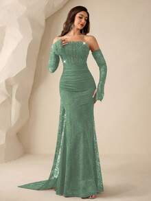Coutiva Women's Faux Pearl Decor Strapless Ruched Waist Elegant Banquet Dress - Green - View 1
