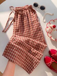 Comfortcana Women's Plaid, Summer, Casual, Picnic Drawstring Waist Pants, Gingham Checkered Trousers, Country Style Spring, Daily Wear Carnival Costume - Orange - View 4