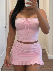 Vestido básico de moda de verano con cuello de encaje, sin tirantes, cintura con lazo, falda en forma de A. Adecuado para vacaciones, viajes, playa, piscina, yate y protección sola - Rosa - Ver 6