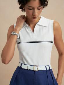 Nima Coro Women's Summer Elegant Preppy Classy Black And White Ribbed V-Neck Ribbed Texture Knit Contrast Trim Tank Top Sleeveless Casual Golf Tennis Commuter - White - View 5