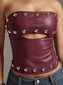 Denimoi Studded Faux Leather Corset Top Sexy Tops Strapless Corset GNO Concert Outfits Clubwear - Burgundy - View 2